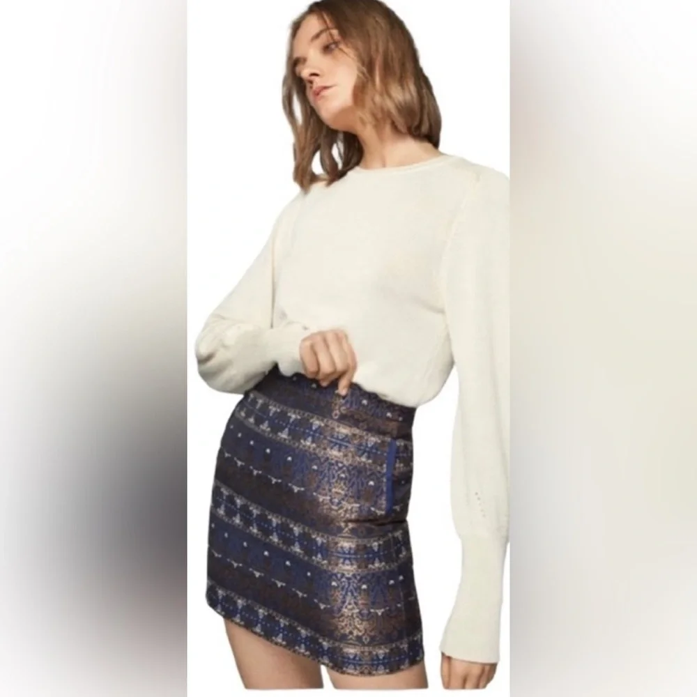 Massimo Dutti Mini Skirt Navy Blue Bronze Gold Metallic Jacquard Size 4